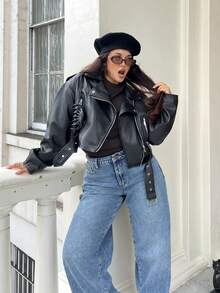 NegzBox Zip Up PU Leather Moto Jacket Fall Winter Cloth For Women - Black - View 1