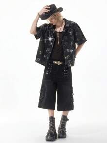 ROMWE MEN Street Life 男士水钻十字贴花落肩单排扣休闲牛仔衬衫 - 黑色 - 查看 6