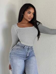 Alexandranx Women's Plain Long Sleeve Minimalist Ribbed Casual Y2K Square Neck Holiday Snow Women Beige Comfy Top, Daily Wear - Light Grey - View 3