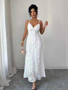 Elenzga Women's V-Neck Sleeveless Backless Floral Lace Patchwork Beach Vacation Dress, Spring/Summer - White - View 6