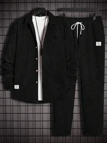 EASEVO Plus Size Men's Fitted Shirt And Pants Set - Black - View 1