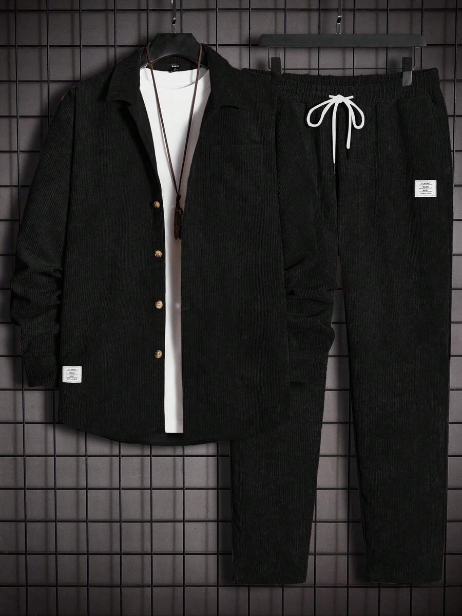 EASEVO Plus Size Men's Fitted Shirt And Pants Set - Black - View 1