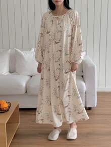 DAZY Plant Pattern Full Print Ruched Drawstring Neck Lantern Sleeve Long Loose Women Nightgown - White - View 5