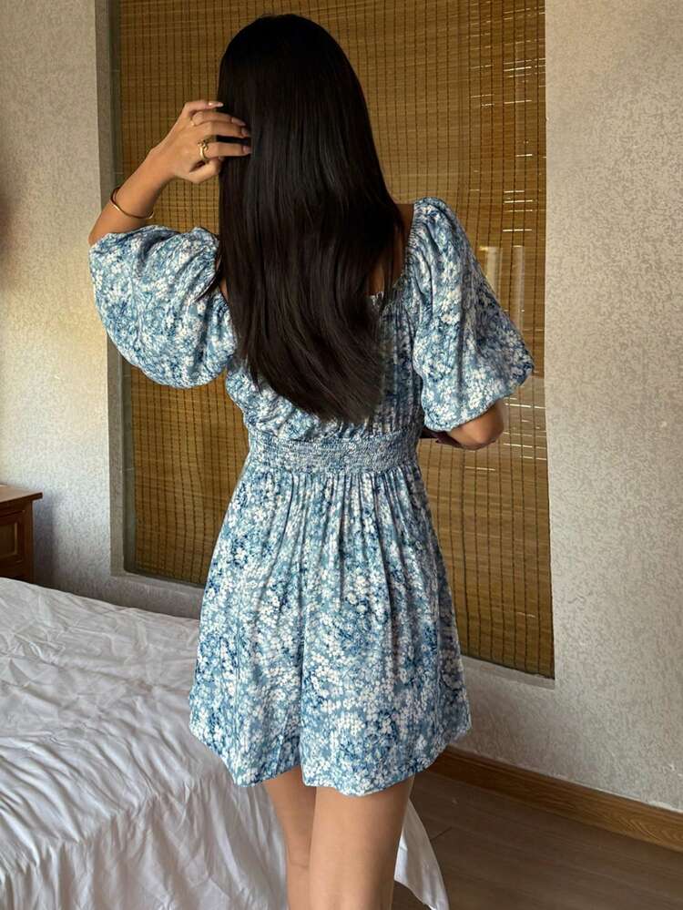 Ditsy Floral Puff Sleeve Waist Cinched Short Women's Jumpsuit Pajamas