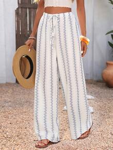 Breezaya Women's Drawstring Waist Wave Print Casual Versatile Commuting Wide Leg Pants - Blue and White - View 6