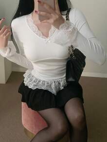 DAZY Women's Contrast Lace V-Neck Flare Sleeve Fashion T-Shirt Long Sleeve - White - View 6