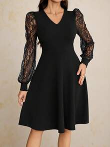SHEIN Tall Women's V-Neck Contrast Lace Long Sleeve Elegant Mini Dress Midi Black Dress Lace Black Dress Black Elegant Dress Women Hellfire Club French Style Dress Long Sleeve Elegant Dress - Black - View 3