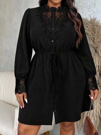 Slaydiva 2025 Höst/Vinter Ny ankomst Y2K Vintage Elegant Raffinerad Grundläggande Daglig Cocktailparty Semester Pendling Plusstorlek Lyxig Fest Elegant Enfärgad Bodycon Fransk Elegant Casual Kort Spets Långärmad A-linjeklänning, Lämplig för kvinnor i plusstorlek, Lämplig för festtillfällen - Svart klänning