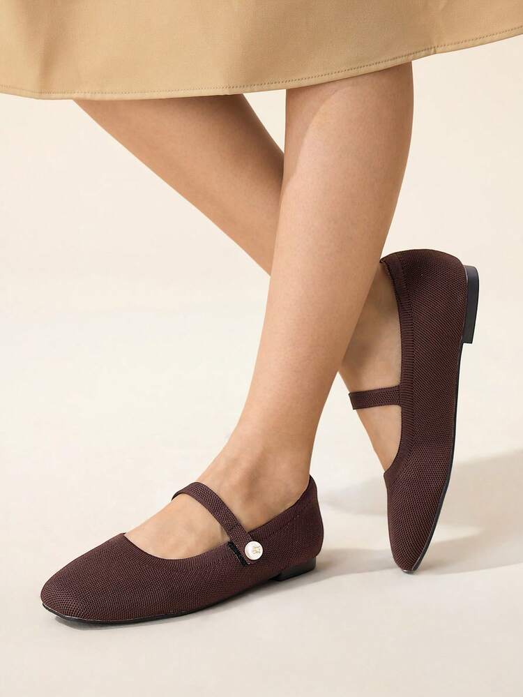 CUCCOO BASICS Women's Fashion Coffee Color Knitted Round Toe Strap Faux Pearl Mary Jane Flats, Comfortable Breathable For Commuting, Party, Shopping, Vacation For Christmas Spring Shoes