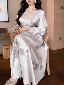 DAZY 花卉印花收腰V领灯笼袖优雅度假连衣裙，适合女性，春秋季长款连衣裙 - 杏色 - 查看 7