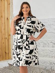 EMERY ROSE Đầm nữ cỡ lớn họa tiết hình học cổ chữ V tay ngắn kiểu dáng thường ngày, thích hợp cho mùa hè. - Màu Khaki - Xem 3