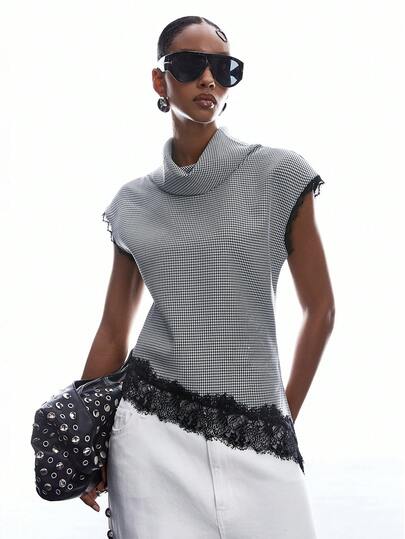 LYSMO Camiseta sin mangas de mujer con cuello alto, estampado de pata de gallo y dobladillo de encaje asimétrico