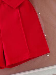 2pcs Baby Girls' Red Bow Button Vest & Shorts Set, Summer Children Fashion Commuter Style Outfit Toddler Girl Red Outfit - Red - View 8