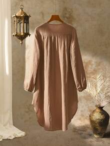 Rusticease 女士纯色简约日常圆领长袖衬衫裙 - 鵝黃色 - 查看 2