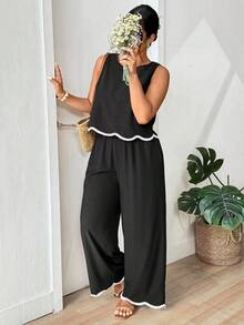 Lounesse Plus Size Vacation Casual Woven Strap Decor Tank Top And Pants 2 Pieces Set - Black - View 5