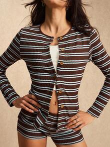 Easelle 女士休闲条纹纽扣针织上衣和短裤两件套家居服套装 - 彩色 - 查看 7