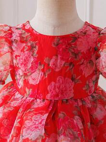 SHEIN Đầm ngắn tay bằng vải organza in hoa thanh lịch cho bé gái, thích hợp cho mùa hè. - Đỏ - Xem 4
