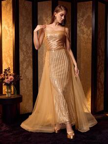 MOTF PREMIUM SEQUIN CONTRAST MESH COCKTAIL PARTY DRESS - Gold - View 4