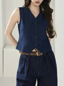 Heiryn 女士纯色V领无袖休闲牛仔上衣，夏季上衣，春假情人节女士优雅派对上衣，外出上衣，优雅女士衬衫，女士休闲衬衫，时尚女士牛仔背心无袖V领纽扣短款上衣，夏季 - 深色水洗藍 - 查看 3