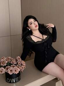 Vibekara Áo thun tay dài cổ ren mùa đông cỡ lớn cho nữ - màu đen - Xem 4