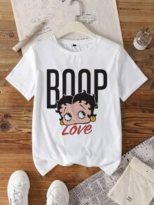Betty Boop x SHEIN Women Casual Loose Fit Round Neck Short Sleeve T-Shirt, Suitable For Summer - White - View 5