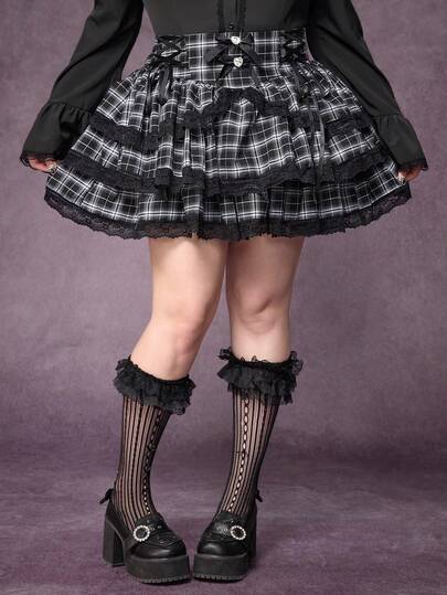 EDITION Jupe grande taille à carreaux avec nœud décoratif et patchwork en dentelle