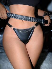 SHEIN 时尚性感链条皮革女士丁字裤 - 黑色 - 查看 3