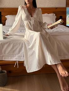 DAZY 度假风纹理条纹蕾丝拼接露背收腰中长款女士睡裙 - 白色 - 查看 6