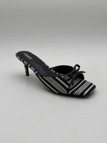 Rosivie Damen Quadratische Zehenkappe High Heel Schwarz & Weiß gestreifte Schleife Elegante, süße, romantische Sandalen, Offene Zehenschuhe, geeignet für Dates, Modepartys, Arbeitsoutfits, vielseitige Damen Slip-On Pantoffeln