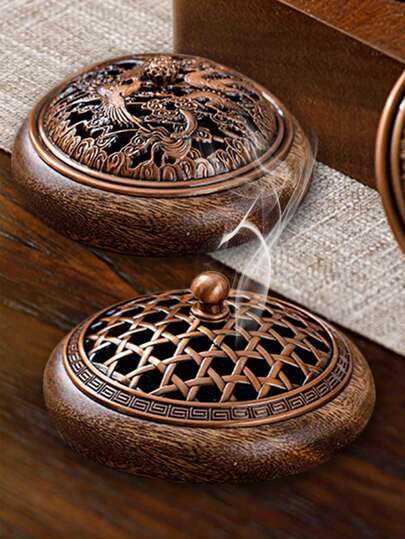 1个纯色胡桃木香炉 - 龙凤纹胡桃木禅意茶道香炉家居装饰中式室内沉香香料香薰空心带盖香炉底部香座万圣节、恐怖、秋季、节日、圣诞节、冬季、节日