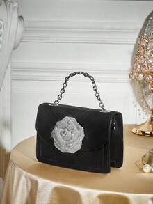 SHECARRY New Rhinestone Flower Handbag, Elegant Tote Bag, Fashionable Crossbody Bag, Formal Party Clutch - Black - View 2