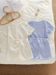 Bộ đồ ngủ 4 món cho bé gái, họa tiết thỏ và cừu dễ thương, thêu trang trí, cổ tròn, tay áo và gấu áo xếp ly, tay ngắn và quần short, thoải mái, màu xanh dương và màu mơ. - Xanh và trắng - Xem 2