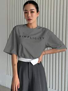DAZY Áo thun nữ cổ tròn dáng rộng in chữ, thích hợp mặc mùa hè. - Xám - Xem 5