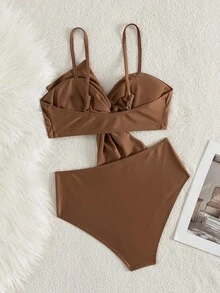 Swim Lushoire 2pcs Solid Color Front Twist Bow Design Mature Style Women Swimsuit Set Brown Bikini Set High Waist Bikini Set Tie Front Bikini Brown High Waist Swimsuit Two Piece Swimsuit - Coffee Brown - View 7