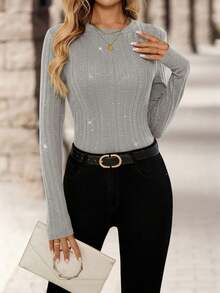 EMERY ROSE Women's Fashionable Commuter Shiny Fitted T-Shirt, Autumn Gray Top Long Sleeve Top Women Long Sleeve Tops Ribbed Top Grey Tops For Women - Grey - View 5