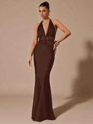 SHEIN BAE Black Sexy Deep V-Neck Lace Patchwork Fishtail Satin Dress, Suitable For Cocktail Party, Romantic Date, Gathering, Formal Event, Bridesmaid Dress, Evening Gown, Christmas, New Year, Valentine's Day, Tea Party, Black Dress, Little Black Dress