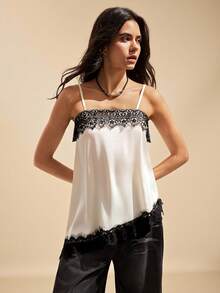 Easelle 女士撞色蕾丝不对称下摆时尚吊带背心 - 杏色 - 查看 6