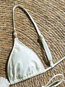 Swim Chiccia Conjunto de traje de baño de dos piezas para mujer, elegante y romántico de unicolor con estilo de concha y perla, conjunto de ropa de vacaciones para mujer, conjunto de traje de baño de playa para mujer