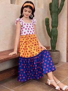Tween Girls' Casual Vacation Square Neck Long Floral Patchwork Loose A-Line Woven Print Dress - Multicolor - View 4