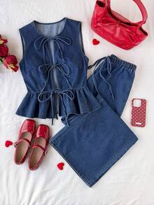 Comfortcana Conjunto feminino casual de férias com blusa sem mangas com amarração frontal e calça jeans. - Lavagem escura - Ver 1