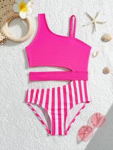 Young Girl Cute Knitted Patchwork Striped Print Asymmetrical Shoulder & Waist Hollow One-Piece Swimsuit, Suitable For Summer, Swimming, Beach Summer Vacation Thermal Christmas Holiday Festival New Years Valentines Swim Kids Bikini Set High Waist Neon Pink Bathing Suits For Girls Two Piece Fuchsia One Shoulder Bikini Girls Striped High Rise Bikini - Multicolor - View 4