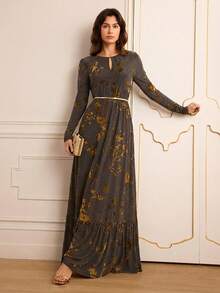 Lilora Women's Elegant Long Velvet Plum Blossom Print Dress Winter Dress Spring Outfit Women Elegant And Fashionable Flowy Dresses For Women Moftif Dresses For Women Long Sleeve Maxi Dress Long Boho Dress