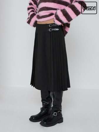 COUREZ 버클 디테일이 있는 맞춤형 미디 플리츠 스커트 /Y2K 여성용 겨울 의류 여성 파티 의상 외출복 섹시한 블랙 스커트 우아한 미디 스커트