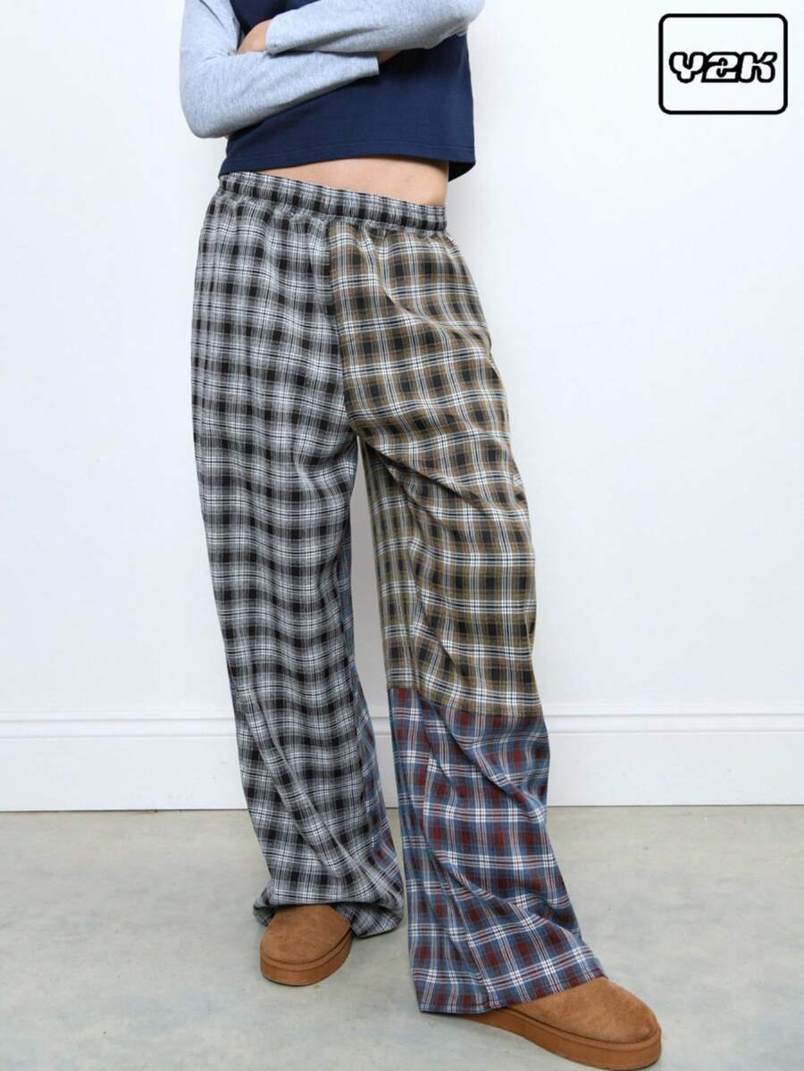 COUREZ Pantalones holgados de ajuste de barril con cuadros mixtos, estilo vintage Y2K - Multicolor - Ver 1