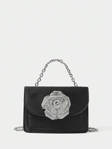 SHECARRY New Rhinestone Flower Handbag, Elegant Tote Bag, Fashionable Crossbody Bag, Formal Party Clutch - Black - View 3