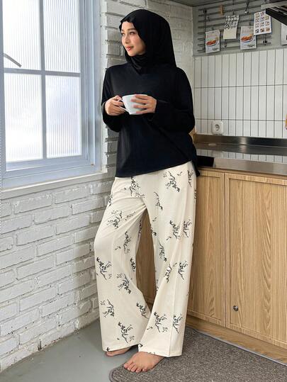 DAZY 纯色上衣搭配印花宽松睡衣套装（女士款）