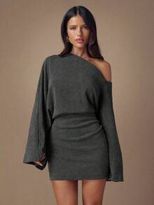 SHEIN BAE 女士时尚通勤纯色不对称领喇叭袖迷你连衣裙 - 深灰色 - 查看 4