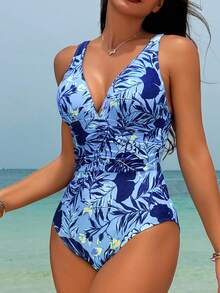 Swim SPRTY Tropical Printed Deep V-Neck Spaghetti Strap Slim Fit One-Piece Swimsuit For Summer Beach - Multicolor - View 4