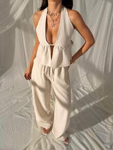 SHEIN EZwear 卡其色露背吊带上衣和裤子编织休闲套装 - 卡其色 - 查看 6