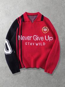 ROMWE MEN Spring Casual Graphic Red Men'S Slogan Pattern Turndown Collar Long Sleeve Casual Loose Pullover Sweater With Embroidery - Multicolor - View 1